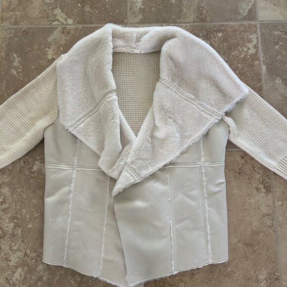Hazel Cardigan Open Womens Beige/Cream Suede Faux Fur Sweater Size XL Mixed Knit - Picture 3 of 8